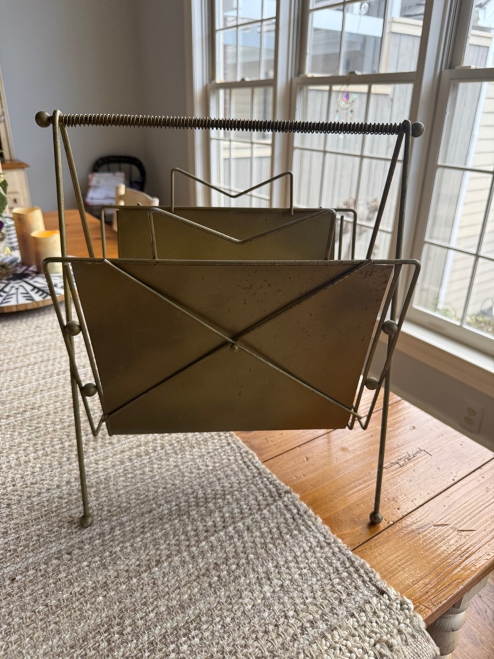 Mid Century Modern Atomic Metal Magazine Rack Brass Tone Wire Stand Retro